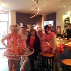 a group of people standing in a room