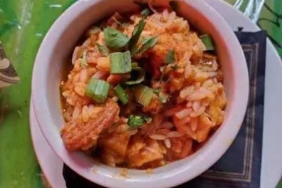 Bowl of rice and chicken with green onions on top, placed on a napkin-covered plate.