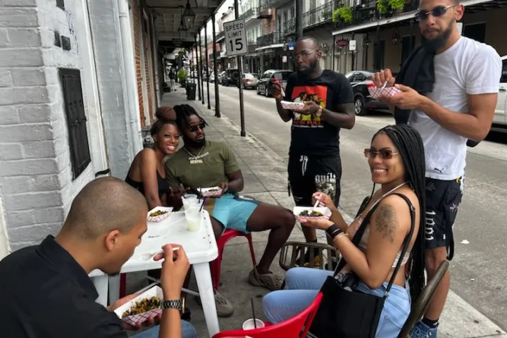 a group of people in a street