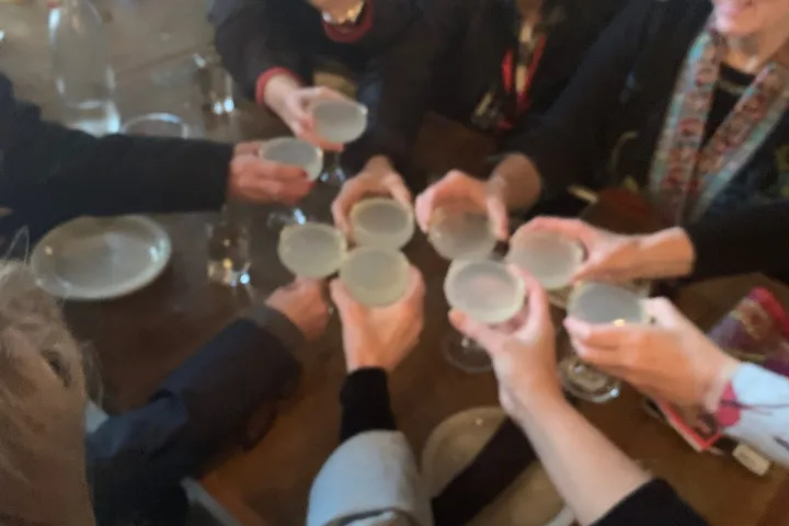 a group of people holding wine glasses