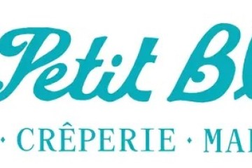Logo reading 'Le Petit Bleu' above 'Café · Crêperie · Marché' in teal script