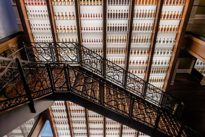 Spiral staircase with elaborate railing next to wall of backlit liquor bottles.